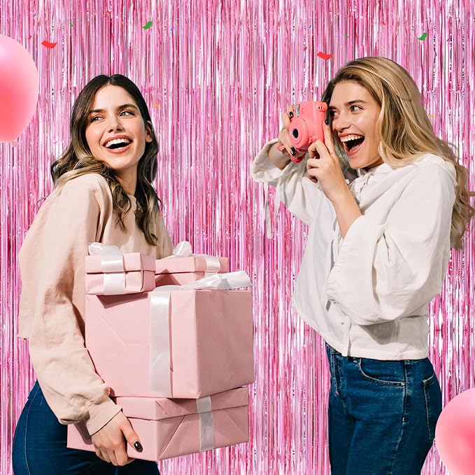 Pink Metallic Tinsel Foil Fringe Curtains Backdrop 2Pack 3.3x8.3Ft Pink Party Streamers for Birthday Party Decorations Halloween Christmas Decors Foil Curtain Backdrop for Bachelorette Wedding