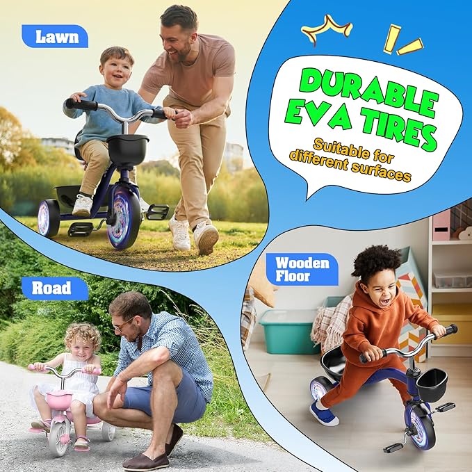 Toddler Tricycle for 1-3 3-4 Year Olds, 2 3 4 Year Old Boys Girls Birthday Gifts, Toddler Toys Baby Bike, Outdoor Toys for Ages 2-4, 3-Level Adjustable Seat, 3 Color Light Wheels, 2 Baskets