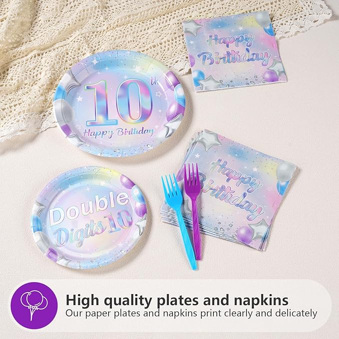 96 Pcs 10th Birthday Party Supplies Iridescent Double Digits Birthday Girl Plates and Napkins Tableware Set In My Double Digits Era Party Decor for 10 Year Old birthday Decorations Girl Boy Serves 24