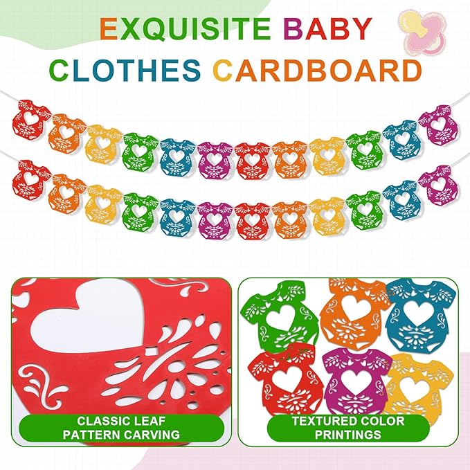 2 Pack Cielito Lindo Papel Picado Baby Shower Banner Decoration, Mexican 24 Pcs Bodysuit Card with Hanging String Fiesta Garland for Gender Baby Shower Party Supplies(Rainbow Color)