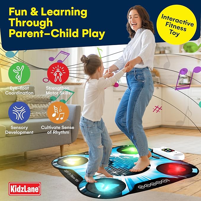Kidzlane Light Up DJ Dance Mat for Kids - Bluetooth & AUX Compatible - 3 Fun Arcade Games with 5 Difficulty Levels - Detachable Discoball & Fairytail - Adjustable Volume - Ages 6+