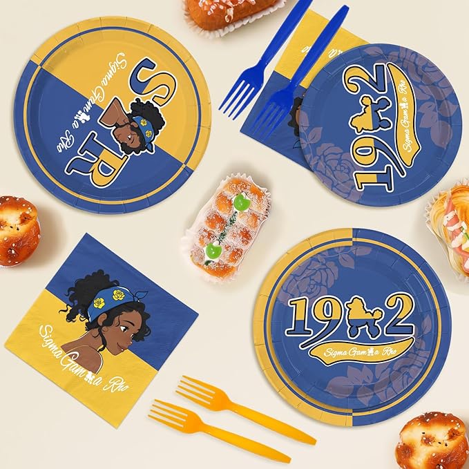 96 Pcs Sigma Sorority Party Supplies Blue and Yellow Plates and Napkins Sorority Society Tableware Set for Girls Birthday Ramadan Graduations Party Supplies, Serves 24