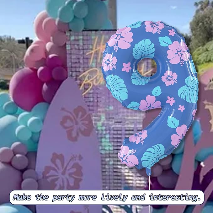 40 Inch Number 9 Balloon Leaf and Flower Birthday，9th Birthday Decorations for Kids' Parties Hawaii Party Supplies Favor Pink and Blue