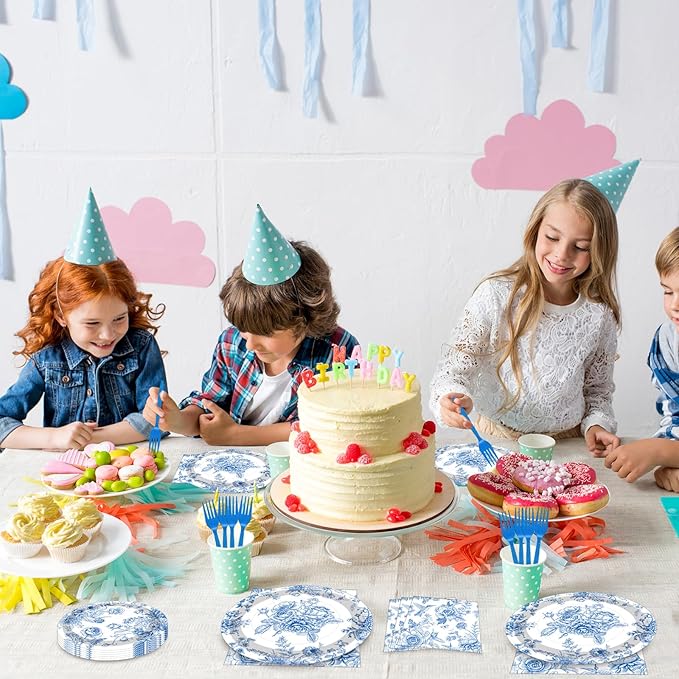 100 Pcs Blue and White Floral Tableware Party Supplies Set, Serves 25 – Disposable Elegant Flower Paper Plates, Napkins, and Plastic Forks for Wedding, Bridal Shower, Birthday, Garden Tea Decorations