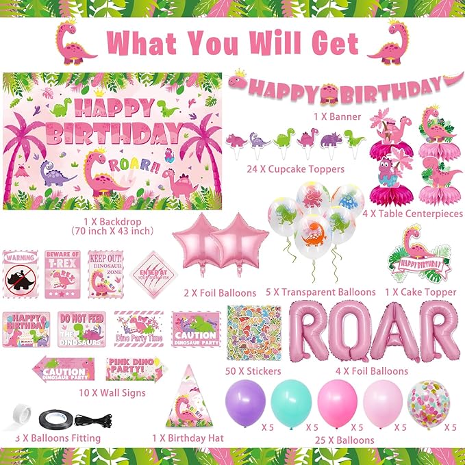Girl Dinosaur Party Supplies, 206Pcs Pink Dinosaur Dino Themed Bday Party Decor Decorations for Girls - Backdrop, Banner, Tablecloth, Centerpieces, Plates, Stickers, Wall Signs