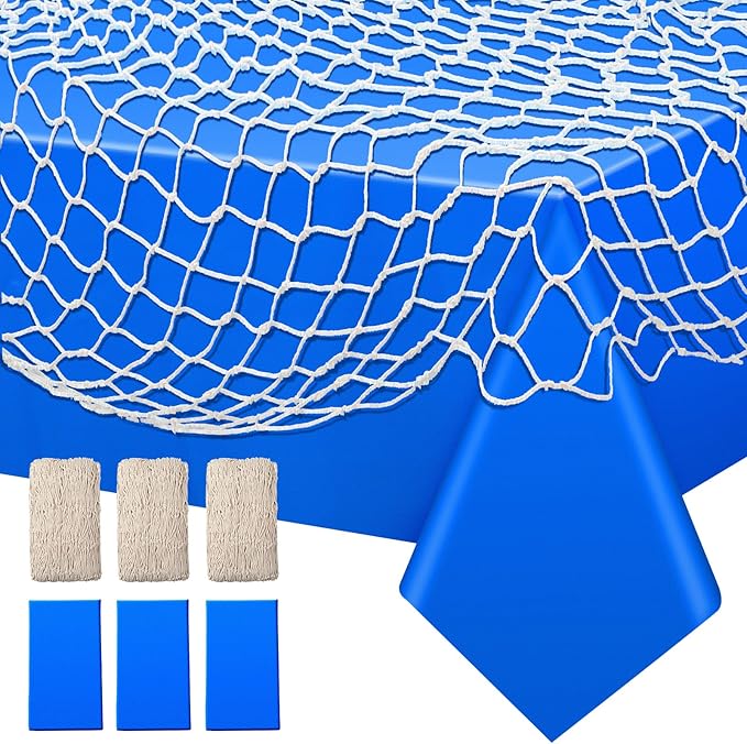 6 Pack Fish Net Decorative and Tablecloth Set, Cotton Fishnet and Plastic Table Cover Decorations Set for Nautical Themed Party Baby Shower Pirate Decorations Mermaid Party Supply (Dark Blue)