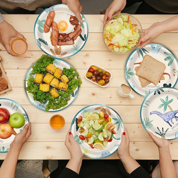 60 PCS Dinosaur Theme Birthday Party Paper Plates Dinosaur Birthday Decorations 7 Inch Dino Design Paper Dessert Plates Colorful Watercolor Dino Plate for Kids Summer Party Baby Shower Supplies