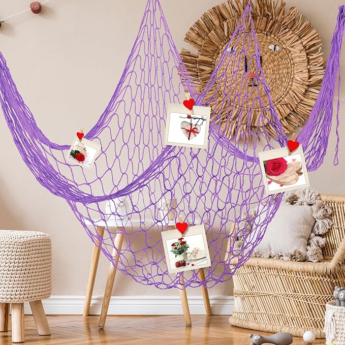 Shappy 2 Pcs Fish Net Decorative 80 x 40 Inch, Wall Hanging Fishnet for Mermaid, Pirate, Nautical, Under The Sea Party Decoration Ocean Themed Hawaii Beach Birthday Halloween Party Supplies(Purple)