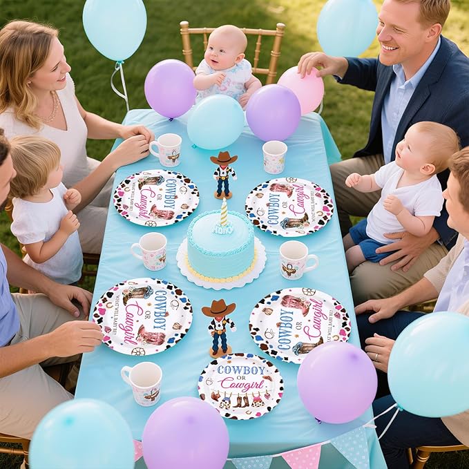 Grencian 96Pcs Western Gender Reveal Decorations Cowboy or Cowgirl Gender Reveal Plates and Napkins Boy or Girl Paper Tableware for Western Rodeo Cowboy or Cowgirl Baby Shower Decorations, Serves 24