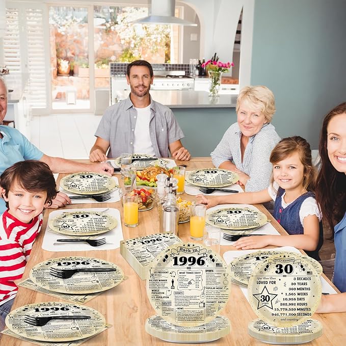 CHUNNIN 96Pcs 30th Birthday Plates and Napkins Back in 1996 Party Decorations Vintage 30 Year Old Party Dessert Plates 1996 Birthday Tableware for 24 Guests 30th Theme Men Woman Bday Parties Supplies