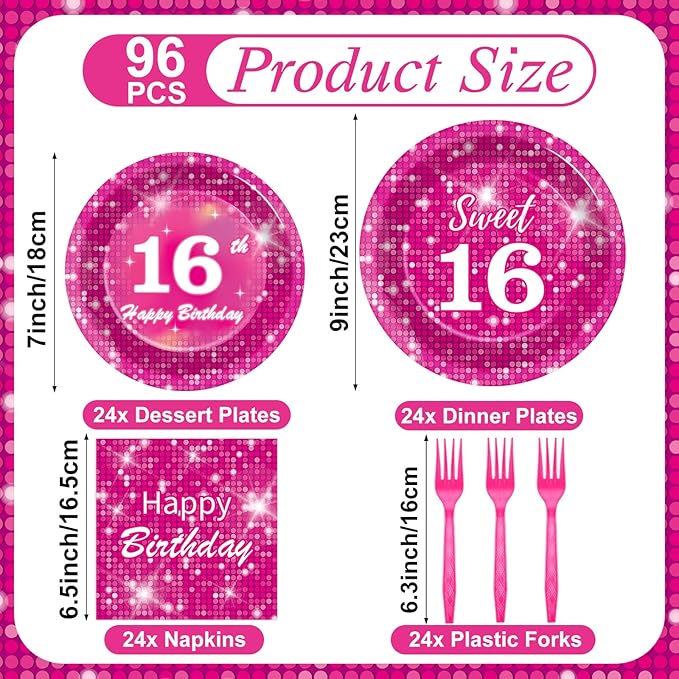 96Pcs Hot Pink Disco Birthday Party Supplies Sweet 16 Paper Plates and Napkins Hot Pink 16th Iridescent Tableware Decoration for Girls Happy 16 Years Old Princess Disco Themed Party Favors Serves 24
