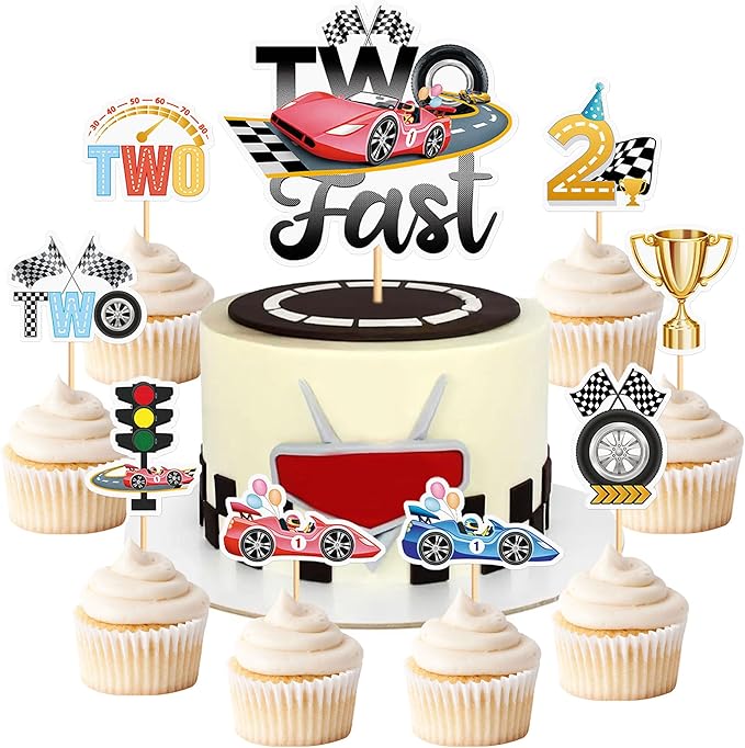 25PCS Race Car Cupcake Toppers Trophy Flag Racing Cake Selected Racing Theme, Car Theme Party Supplies Baby Shower Boy Birthday Party Cake Decoration