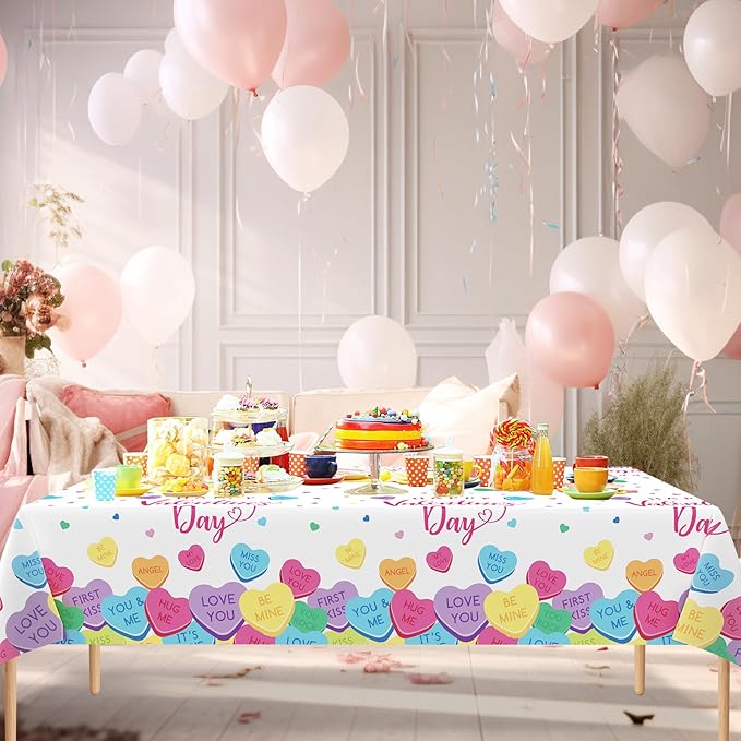 3Pcs Valentines Day Tablecloth, 54 x 108 Inch Conversation Hearts Plastic Table Cover, Colorful Love Heart Tablecloth for Wedding Anniversary, Valentines Day Decorations