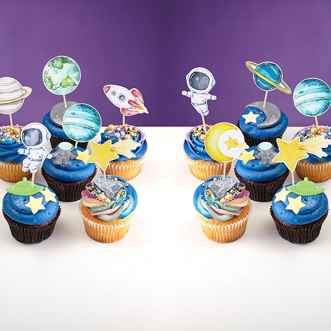 Ephlyn 36Pcs Space Astronaut Cupcake Toppers Planet Rocket Spaceship Trip to the Moon Star Cupcake Food Picks Universe Outer Space Theme Baby Shower Kids Birthday Party Supplies Blue