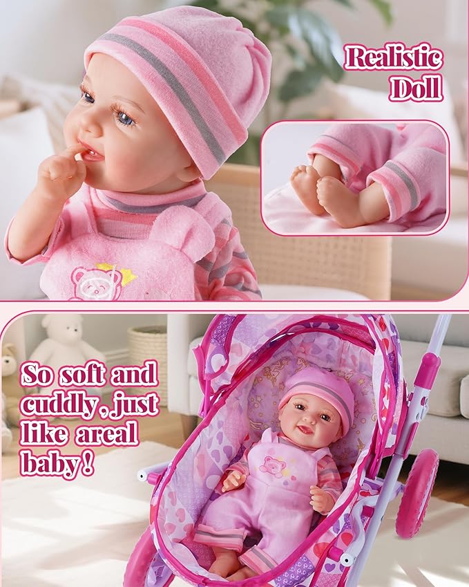 BABESIDE Baby Doll Stroller Set with 12 Inch Baby Doll, 14 Pcs Baby Doll Accessories, Folding Doll Pram Pretend Play Set, Feeding, Bath & Care Toys, Gift for Girls Ages 3yrs+
