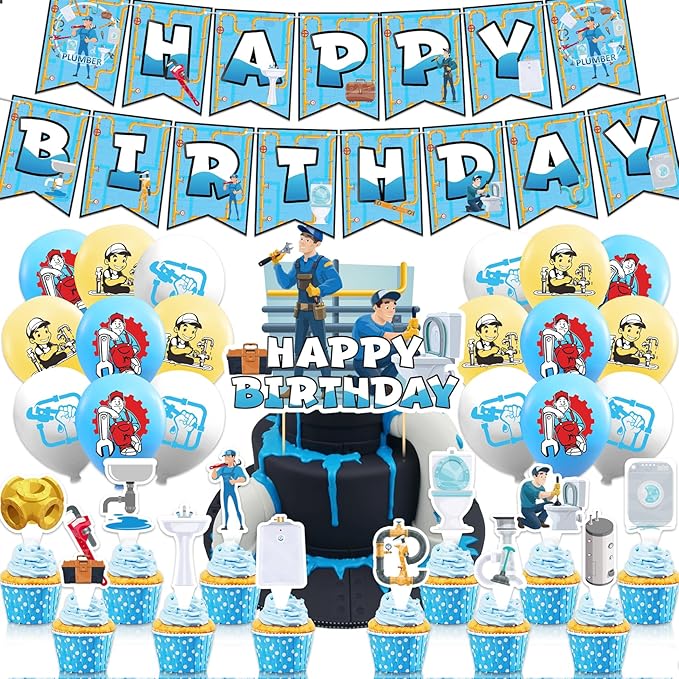 Plumber Theme Party Supplies Plumber Birthday Party Decorations Includes Plumber Happy Birthday Banner Cake Topper Cupcake Toppers Balloons for Plumber Theme Party