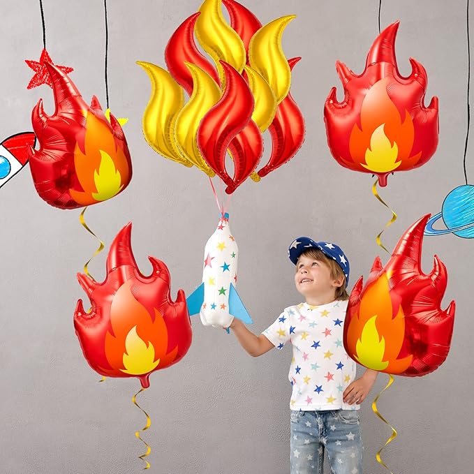 18 Pcs Fire Truck Birthday Party Supplies 32 Inch Fire Balloons Aluminum Firefighter Birthday Decorations 24 Inch Flame Fireman Theme Kids' Party Balloons for Campfire Hunting Decor