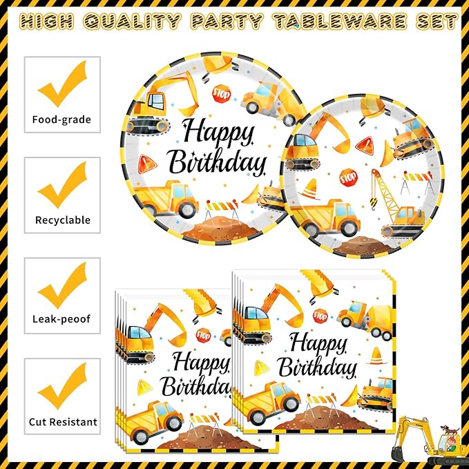 Construction Birthday Party Supplies for 24 Guests - Decorations Include Plates, Napkins, Cups, Tablecloth, Cake Toppers for Boys Construction Theme Birthday Party