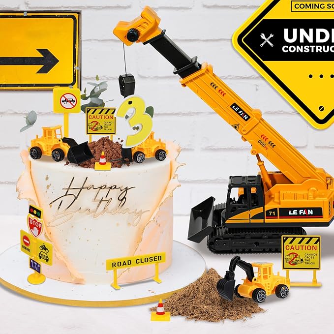 RAYNAG 16 Pieces Construction Cake Topper Vehicles Cake Decoration Set Construction Birthday Party Supplies Large Crane Excavator Traffic Road Sign Cake Topper for Birthday Party Supplies Favours