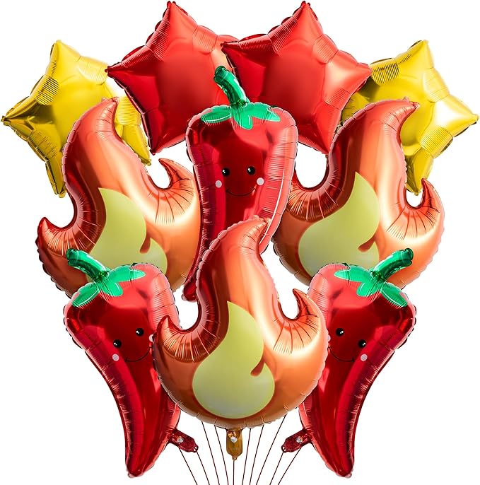 Xqumoi Chili Fire Foil Balloons Cook Off Contest Party Decoration, 8Pcs Chili Pepper Flame Aluminum Balloon Contest Tasting Competition Cinco De Mayo Mexican Fiesta Birthday Party Festival Supplies