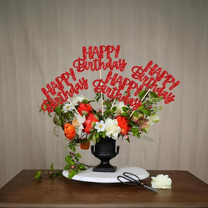 Gyufise 12Pcs Happy Birthday Centerpieces Sticks Double Sided Glitter Birthday Party Decorations Anniversary Table Flower Centerpiece for Celebrating Party Supplies Red