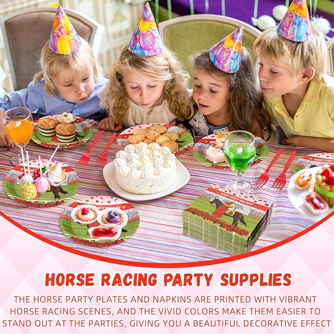 Roshtia 192 Pcs Derby Party Supplies for Horse Racing Party Decorations Derby Day Party Tableware Set Horse Theme Birthday Party Paper Plates Napkins Fork for 48 Guests (Roses)