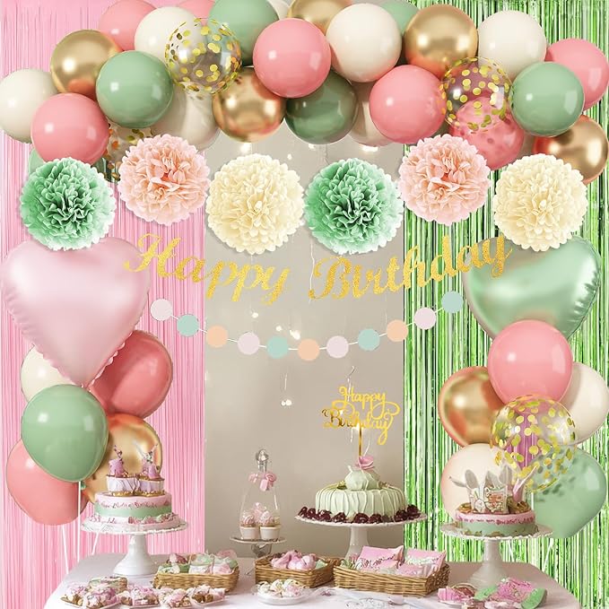 Sage Green Pink Birthday Decorations, Blush Pink Olive Green Gold Sand White Latex Confetti Balloons Boho Happy Birthday Banner Fringe Curtain Pompom for Women Girls Woodland Fairy Party Decor