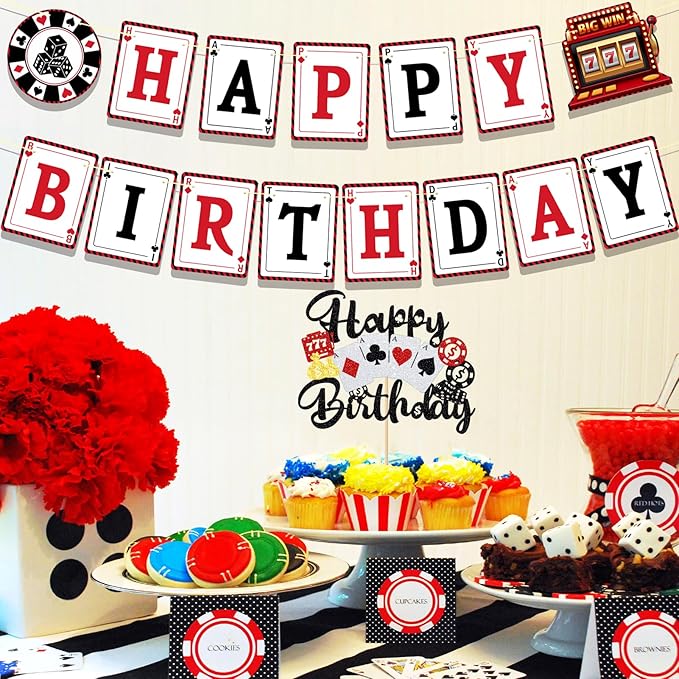 Casino Theme Party Decorations Poker Night Happy Birthday Banner With Glitter Las Vegas Casino Cake Decorations Poker Cake Topper Casino Party Supplies, Caisno