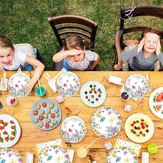 96 Pcs Spring Wildflower Party Decorations for 24 Guests Floral Tableware Plates Napkins Table Decorations Wildflower Dinnerware Party Favor for Birthday Baby Shower Bridal Shower Garden Tea Party