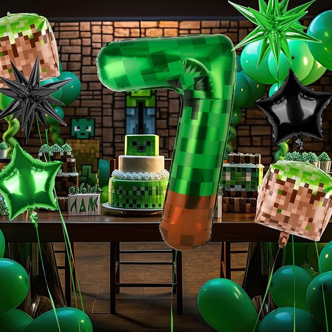 40 Inch Green Pixel Miner Number 7 Balloon Set, 7Pcs MIning Large Foil Balloon Video Game Themed Party Party Decorations for Kids' Anniversary Balloon Party Supplies Supplies