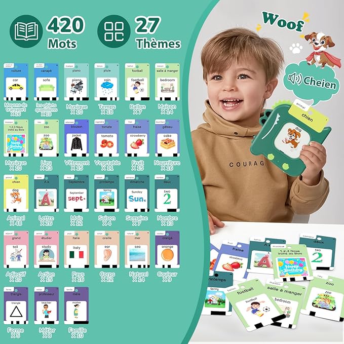 French and English Talking Flash Cards for Toddlers 1 2 3 4 5 6 Year Olds, 420 Sight Words, Montessori Learning Toys, Pocket Speech Therapy Toys, Sensory Preschool Educational Birthday