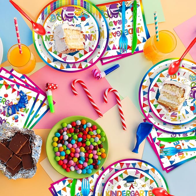 175 Pcs Kindergarten Graduation Tableware Set Party Supplies - Serves 25, Colorful Kindergarten Grad Disposable Plates, Cups, Napkins, Forks, Spoons, Knives for Kids School Graduation Decorations