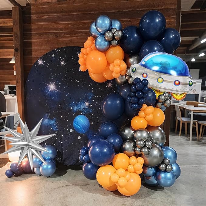 Outer Space Balloons, 12 Inch Orange Metallic Silver Blue Dark Blue Balloons with UFO and Silver Star Foil Balloon for Boys Galaxy Birthday Baby Shower Space Themed Party Decorations