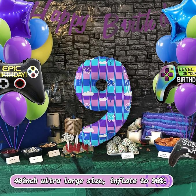 Video Game Theme Birthday Party Number Balloons Piñata Gaming Party Decor Balloons Large Number Balloons for Kids Battle Boys Birthday Party Decoration Supplies(Number 9 Set)