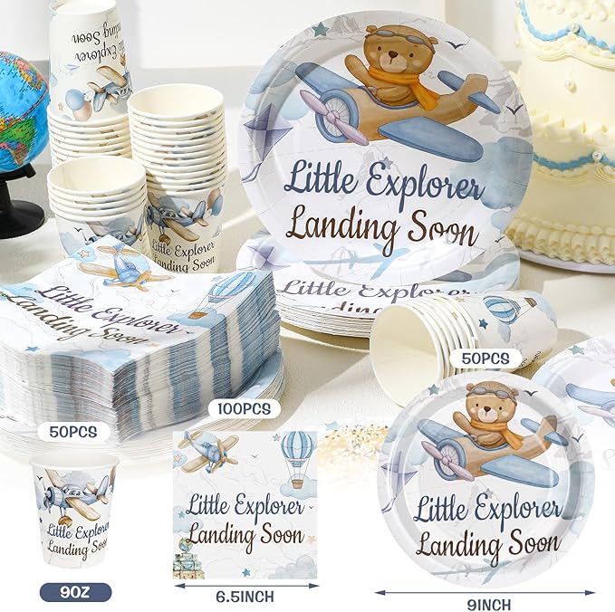Hushee 200 Pcs Little Explorer Baby Shower Paper Plates Napkins Cups Baby Shower Party Supplies Tableware Set Disposable Cup Napkin for 50 Guest Party Decoration