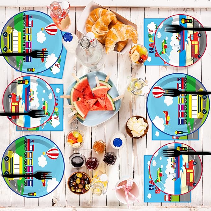 gisgfim 96 Pcs Transportation Plates and Napkins Party Supplies Car Tableware Set Bus Train Plane Ship Traffic Light Decorations Favors for Girls Boys Birthday Baby Shower Serves 24