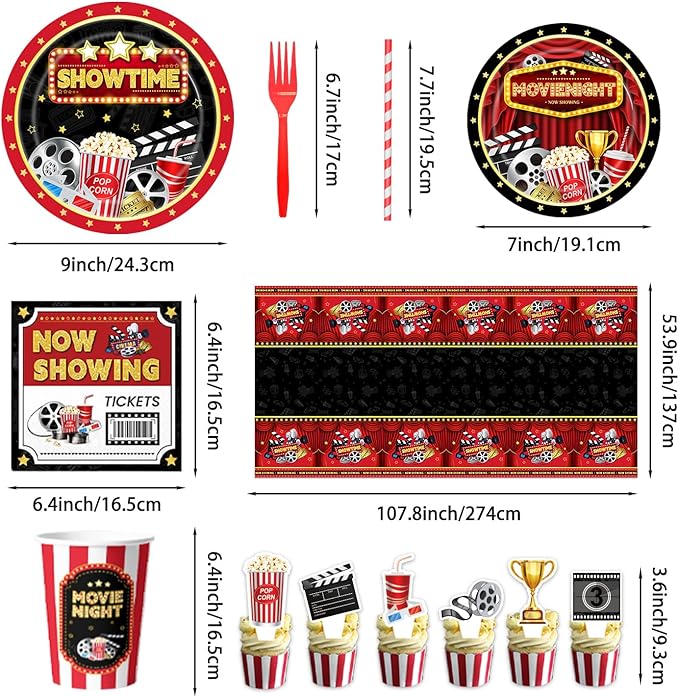 Movie Night Supplies, 160PCS Movie Themed Party Decorations with Now Showing Banner, Hanging Swirls, Balloons, Plates, Napkins, Cups, Forks, Straws, Tablecloths, Cake & Cupcake Toppers