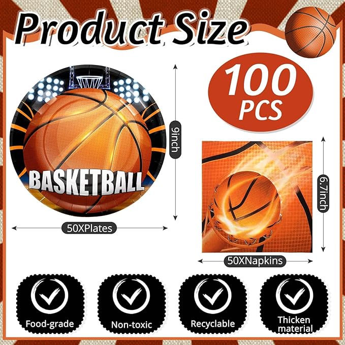 Umigy 100 Pcs Basketball Plates and Napkins Party Supplies Basketball Tableware Dinner Lunch Dessert Appetizer for Kids Boys Baby Shower Birthday Sport Party Decor Serves 50(Classic Style)
