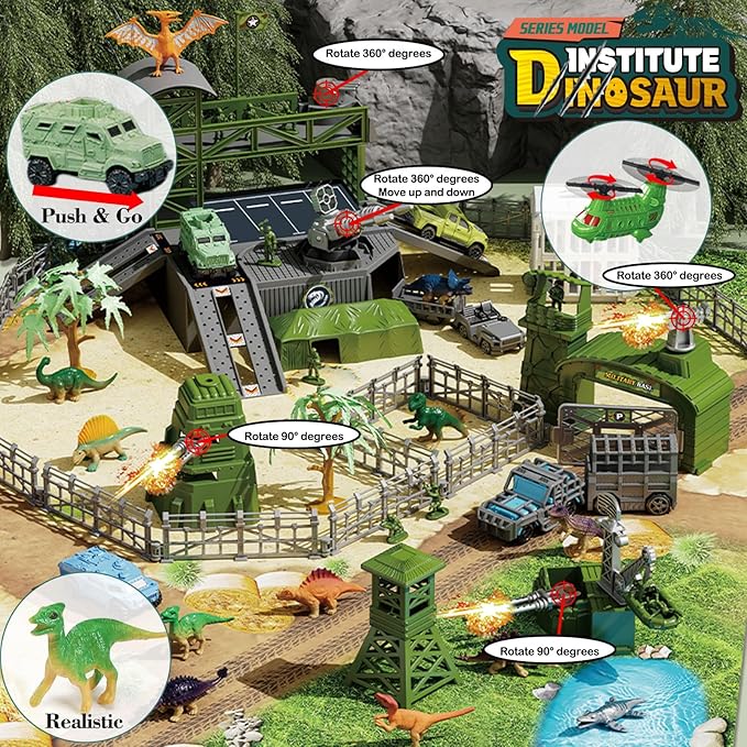 Military Dinosaur Battle Playset, 56 Piece Army Toy Set Soldier Figures, Military Vehicles (Helicopter, Je-ep, Trucks), Cannon, Tents & Battle Mat, Educational STEM Toys for Boys Ages 3-12
