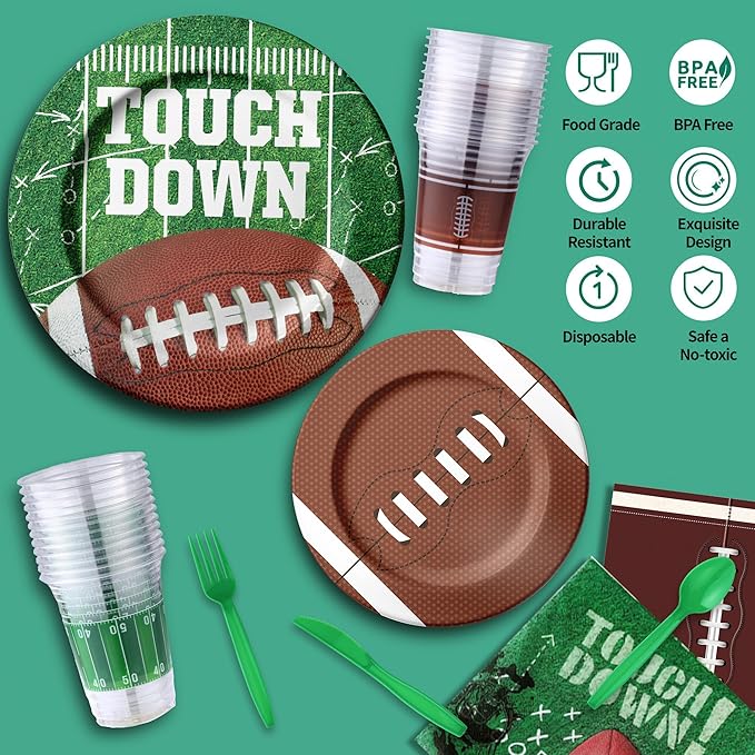 173PCS Football Party Supplies Kit for 24 Guests - Football Birthday Supplies with Paper Plate Napkin Big Cup Cutlery Banners Touchdown Tablecloth Tailgate Party Decorations(A)