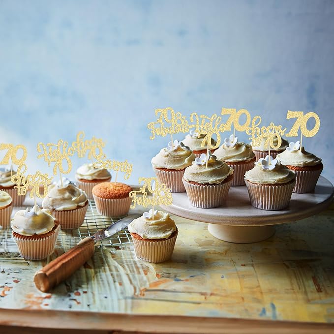30Pcs Happy 70th Birthday Cupcake Toppers Seventy Cheers to 70 Years Old Birthday Cupcake Picks for 70th Anniversary Party Cake Decorations Supplies Gold Glitter