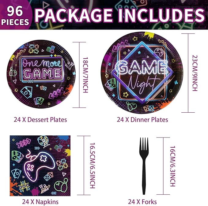 96Pcs Video Game Party Decorations Glow Neon Game On Plates and Napkins Tableware Set Game Night Decorations for Boys Game On Gamer Birthday Sleepover Slumber Prom Gaming Party Supplies Serves24