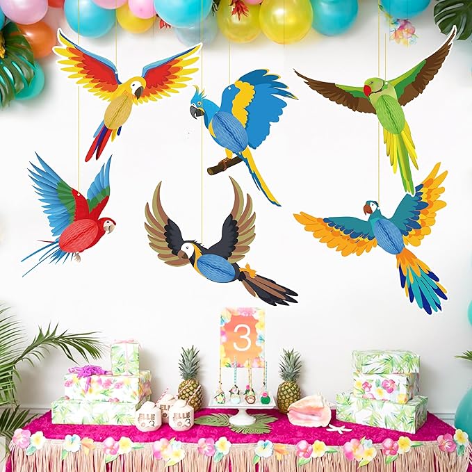 6 Pieces Tropical Birds Honeycomb Paper Cutouts Hanging Parrot Hawaiian Luau Tropical Party Decorations for Summer Beach Jungle Safari Rainforest Theme Birthday Party Home Classroom Decor Supplies