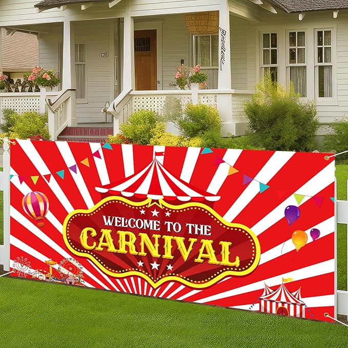 Welcome to the Carnival Banner Carnival Decorations Circus Party Supplies Background for Circus Theme Party Decorations Birthday, 71 x 35 Inch (Tent Striped)