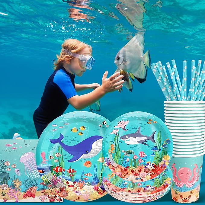 Under the Sea Birthday Party Supplies Decorations, Ocean Theme Paper Plates and Napkins Set for 24 Guests, 120 Pcs Disposable Sea Animals Party Dessert Dinnerwares