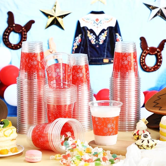 100 Pcs Western Plastic Cups 12 oz Clear Disposable Plastic Cowboy Cowgirl Drinking Cups Bulk for Boho Preppy Baby Shower Birthday Wild West Party Decoration Supplies(Red Bandana,Red)