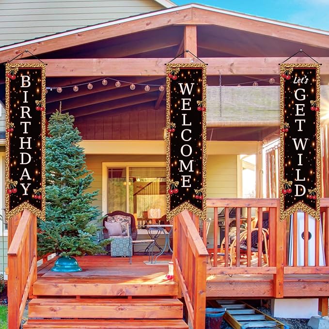 3 Pcs Party Decorations Banners Porch Sign Hanging Flags Photo Props Backdrop Supplies for Outdoor Door Wall Yard Birthday Baby Shower (Cheetah Cherry)