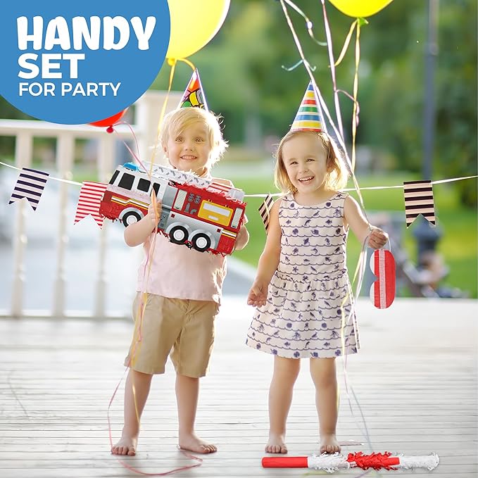Small Fire Truck Pinatas Bundle with a Blindfold and Bat(16.1x8x5.1 Inches), Perfect for Firetruck Birthday Decorations, Boys Birthday Party Supplies