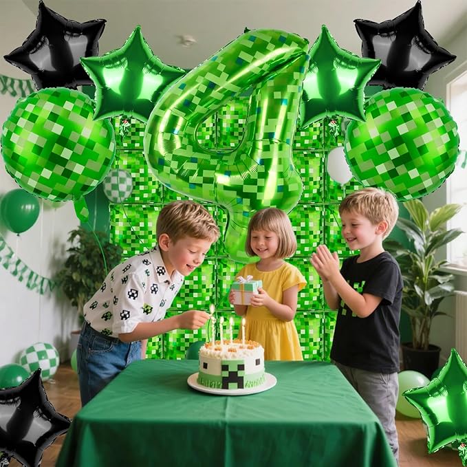 40 Inch Green Pixel Themed Number 4 Balloon Set Foil Balloon for Girls & Boys Birthday Party Decorations, Party Supplies & Favors (Number 4)