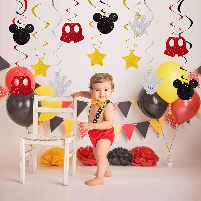 BEISHIDA 16 Pcs Mouse Hanging Swirl Decorations, Pre-Strung Mouse Birthday Party Decorations Red Gold Black Mouse Themed Birthday Party Supplies for Kids